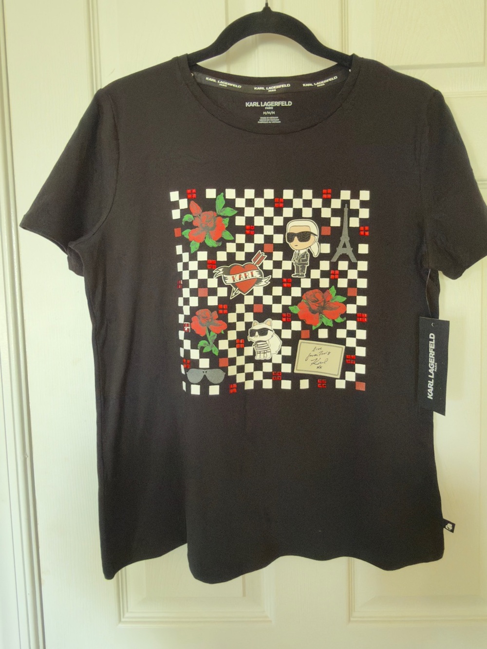 Karl Lagerfeld Black Tee with Checkerboard, Red Roses & Green Accents
